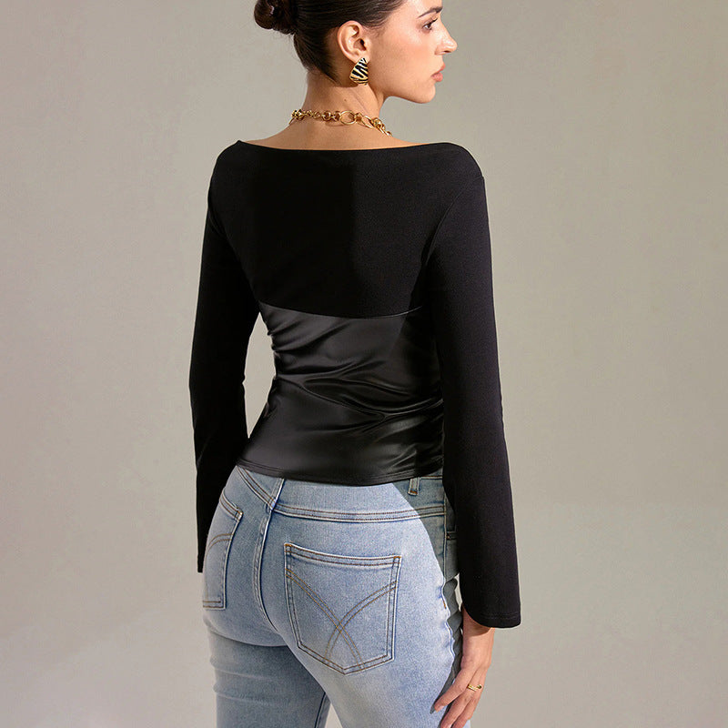 Women's Faux Leather Patchwork Bell Sleeve Fitted Top