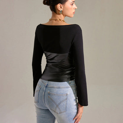 Women's Faux Leather Patchwork Bell Sleeve Fitted Top