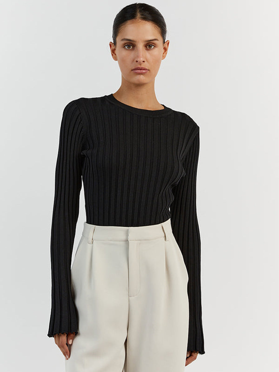 Women's Ribbed Crew Neck Long Sleeve Fitted Sweater