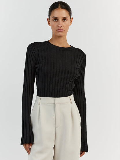 Women's Ribbed Crew Neck Long Sleeve Fitted Sweater