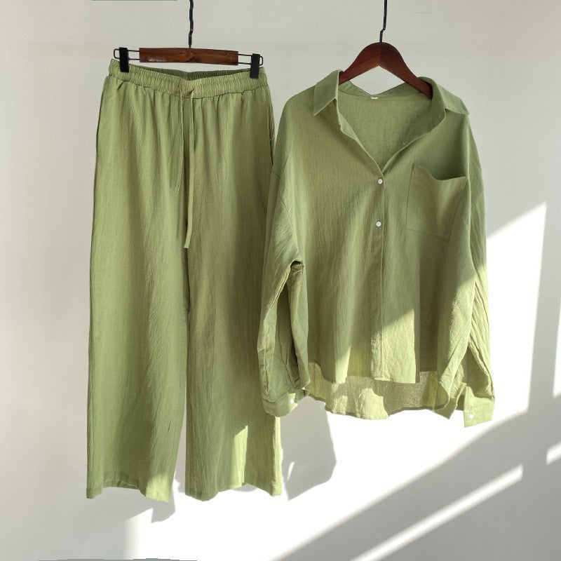 Linen Blend Button Shirt Wide Leg Pants Two Piece Set