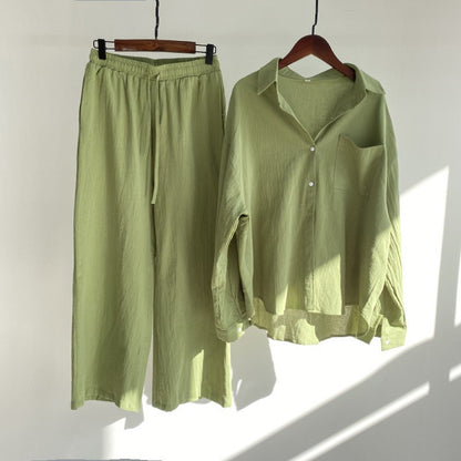 Linen Blend Button Shirt Wide Leg Pants Two Piece Set