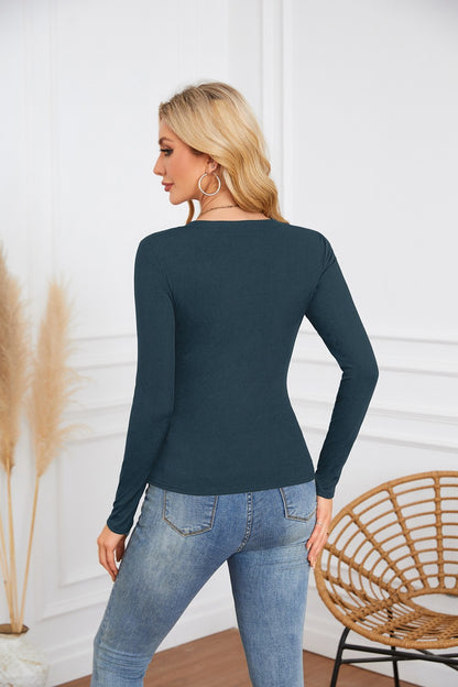 Ribbed Deep V Neck Slim Fit Long Sleeve Tee