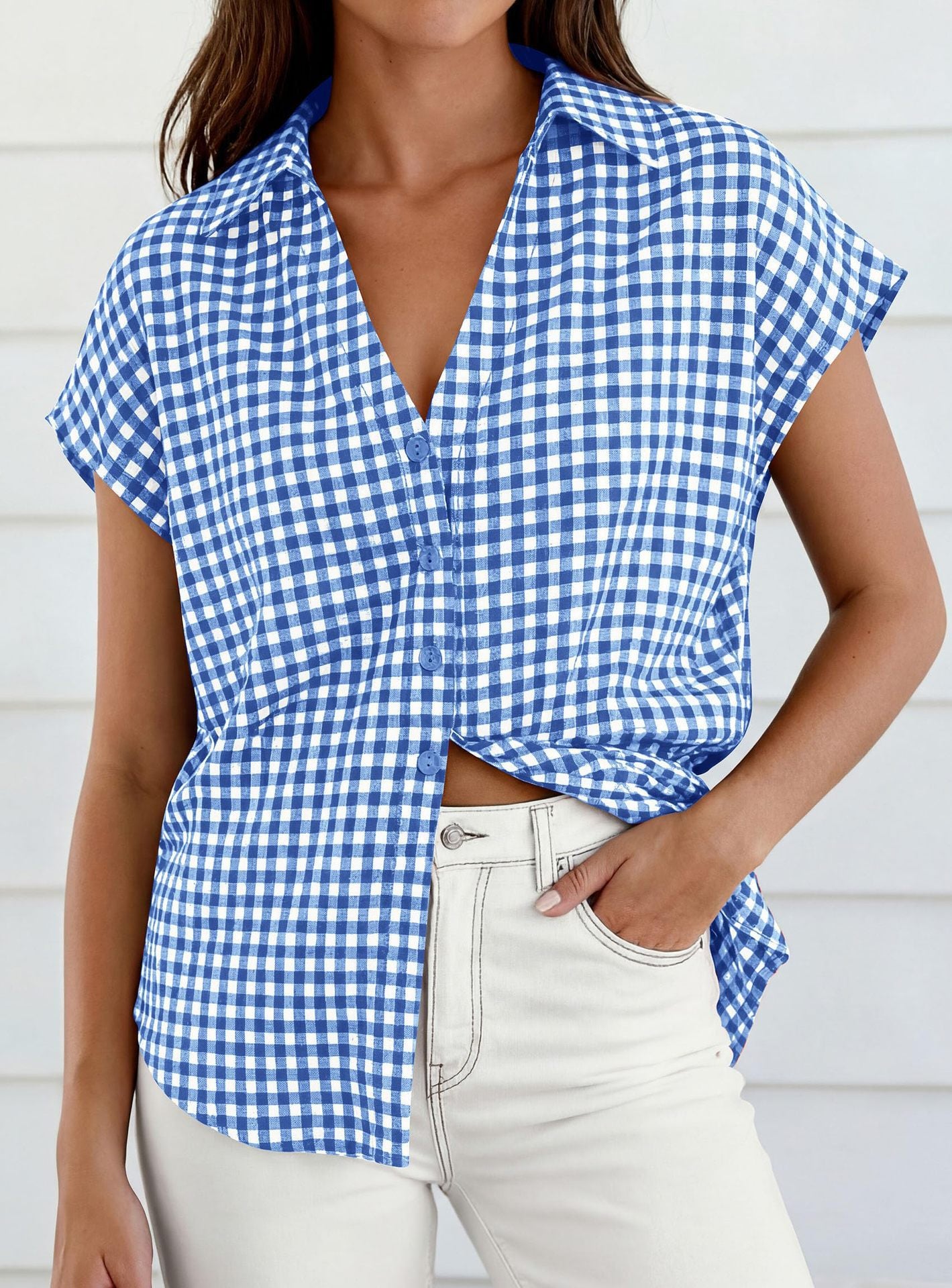 Gingham Button Down Short Sleeve Loose Fit Blouse