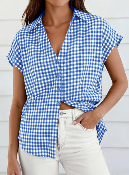 Gingham Button Down Short Sleeve Loose Fit Blouse