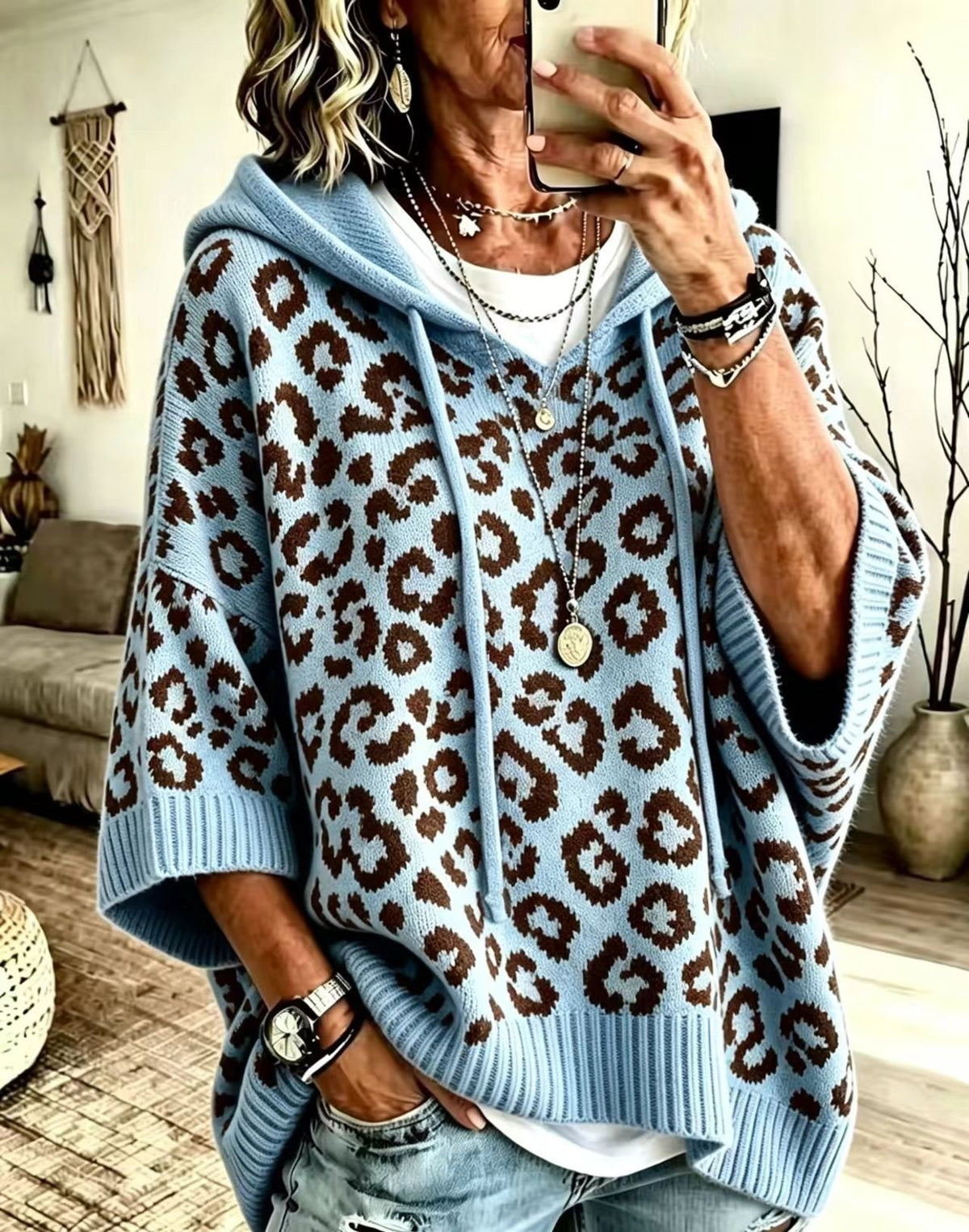 Oversized Leopard Print Hooded Knit Sweater Pullover