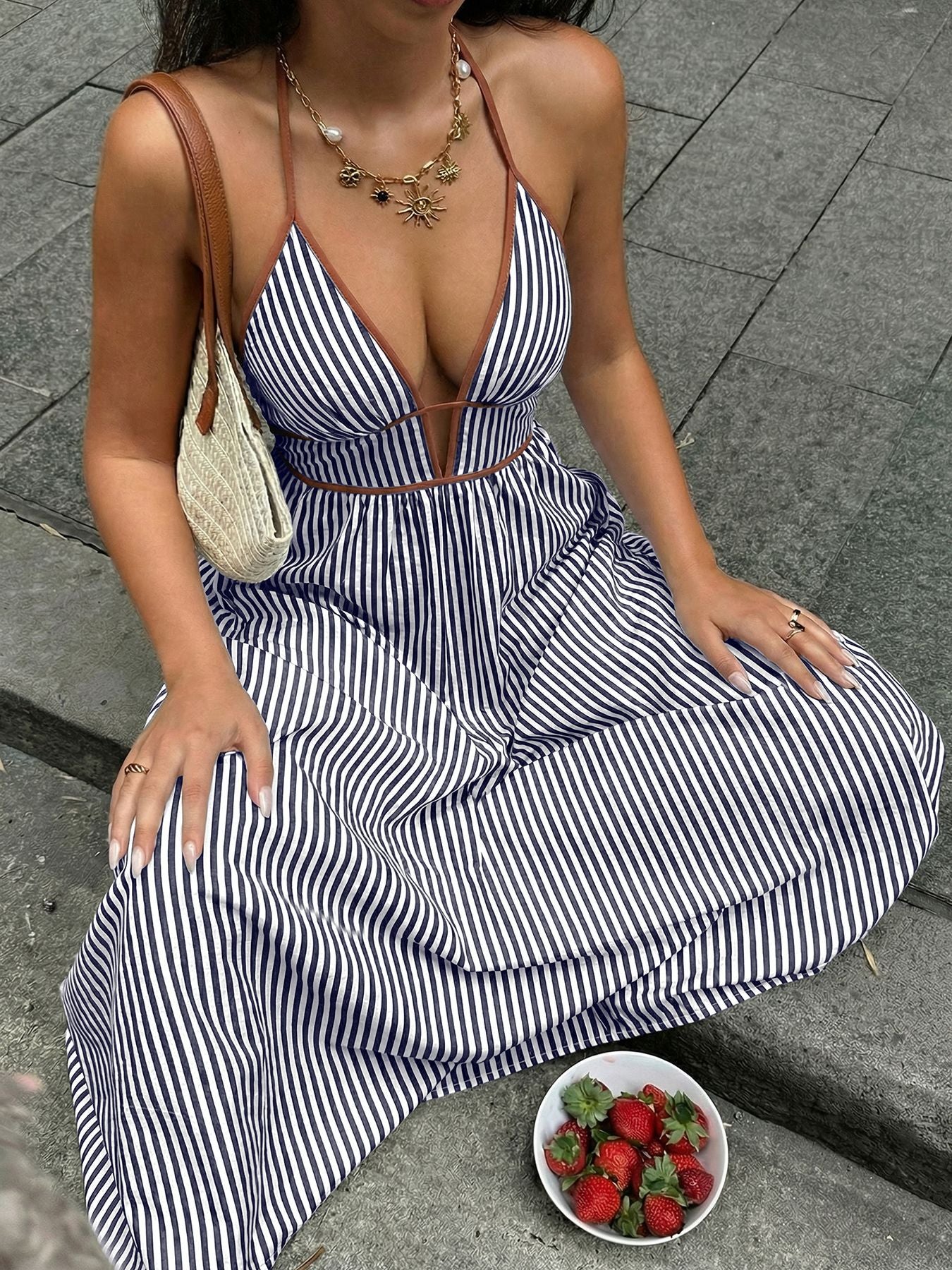 Striped Halter Backless Maxi Dress Deep V Resort Dress