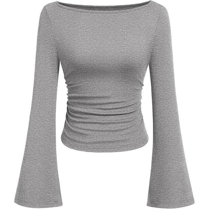 Women's Ruched Boat Neck Bell Sleeve Ribbed Top