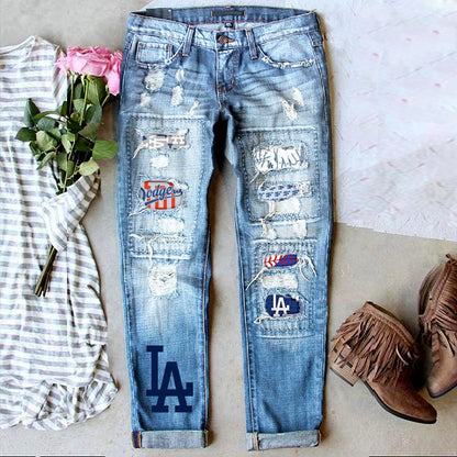 Game Day Distressed Straight Leg Mid Rise Jeans