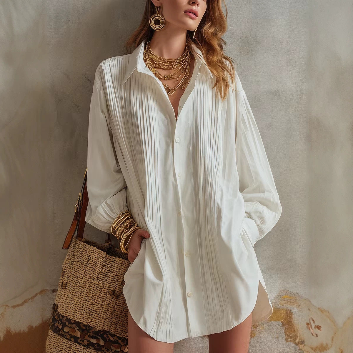Women's Oversized Pleated Collared Shirt Long Sleeve Blouse