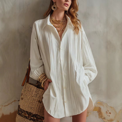 Women's Oversized Pleated Collared Shirt Long Sleeve Blouse