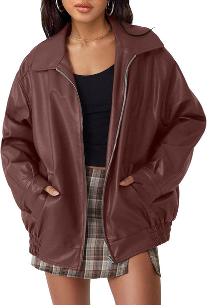 Women's Oversized Faux Leather Moto Jacket Zip Up