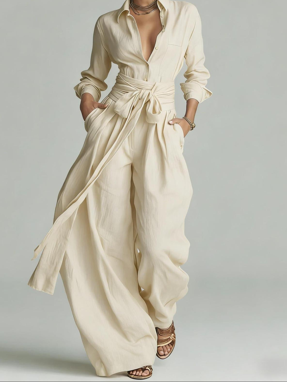 Linen Two Piece Set High Waist Wide Leg Pants