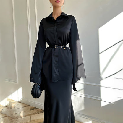 Women's Elegant 2 Piece Button Down Shirt & Skirt Set