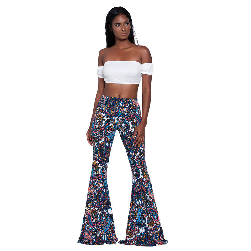 Women's Boho Printed Stretch Flare Pants Bell Bottoms