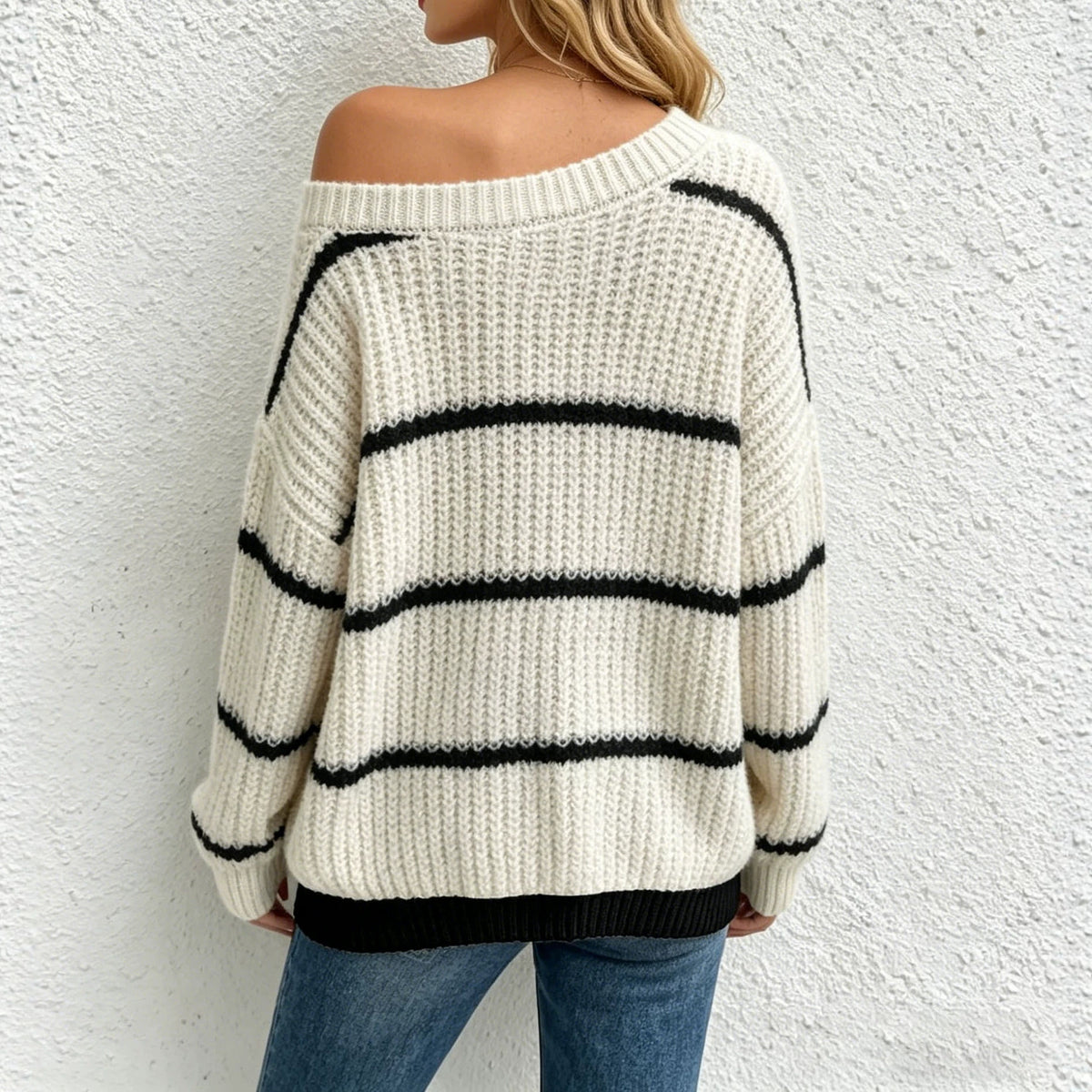 Women's Off Shoulder Striped Oversized Sweater