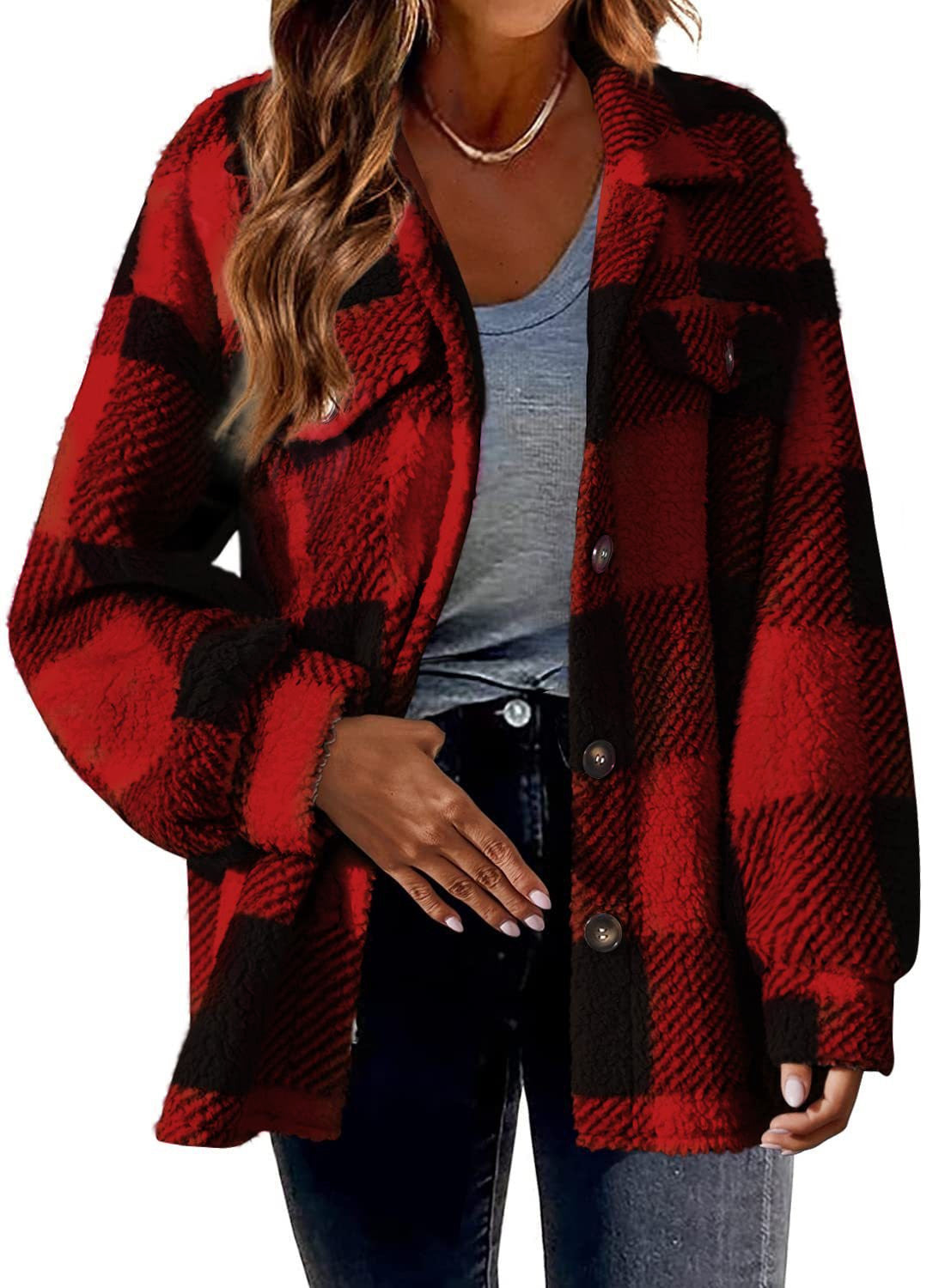 Women's Oversized Plaid Sherpa Shacket Jacket Pockets