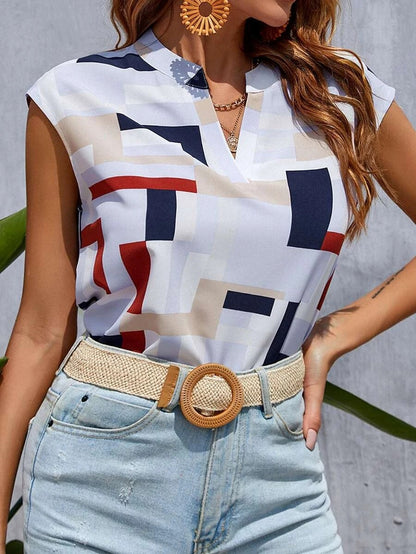 Geometric Print V-Neck Batwing Sleeve Blouse