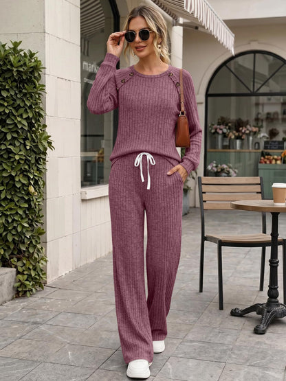 Womens Ribbed Knit 2 Piece Set Button Top Wide Leg Pants