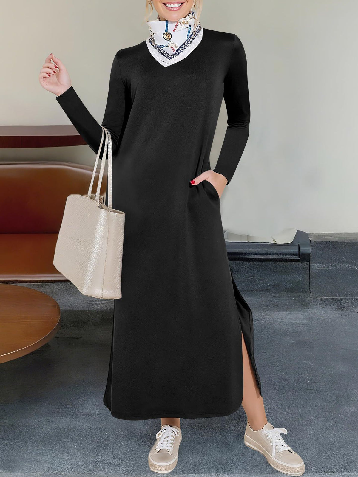 Women's Long Sleeve Maxi Dress with Pockets Side Slit