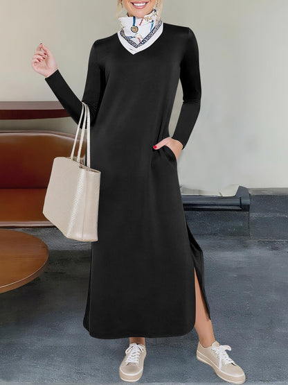 Women's Long Sleeve Maxi Dress with Pockets Side Slit