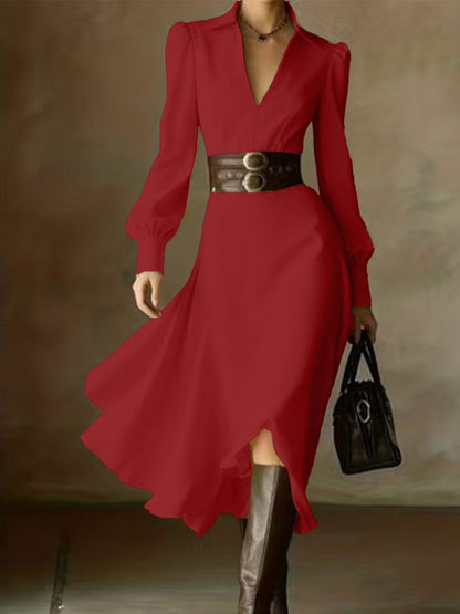 Women's White Collared Long Sleeve Pleated Maxi Dress