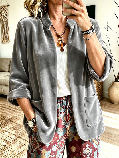 Women's Velvet Blazer Open Front Long Sleeve Pockets