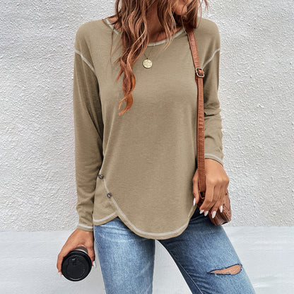 Women's Side Button Long Sleeve Curved Hem Tunic Top