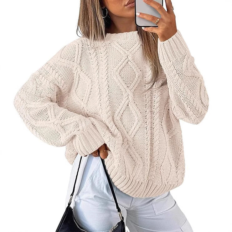 Womens Oversized Cable Knit Crewneck Pullover Sweater