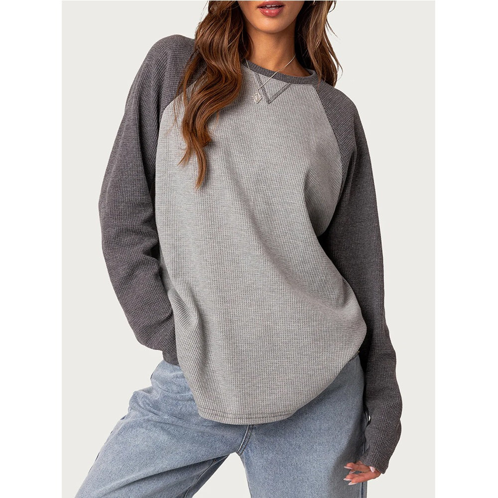 Color Block Waffle Knit Top Crew Neck Long Sleeve Tee