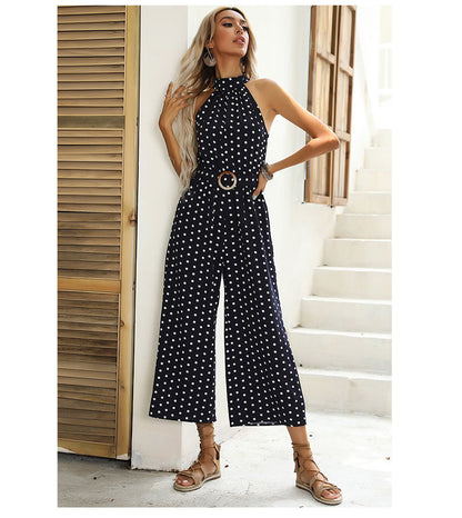 Polka Dot Halter Wide Leg Jumpsuit Vintage Resort Wear