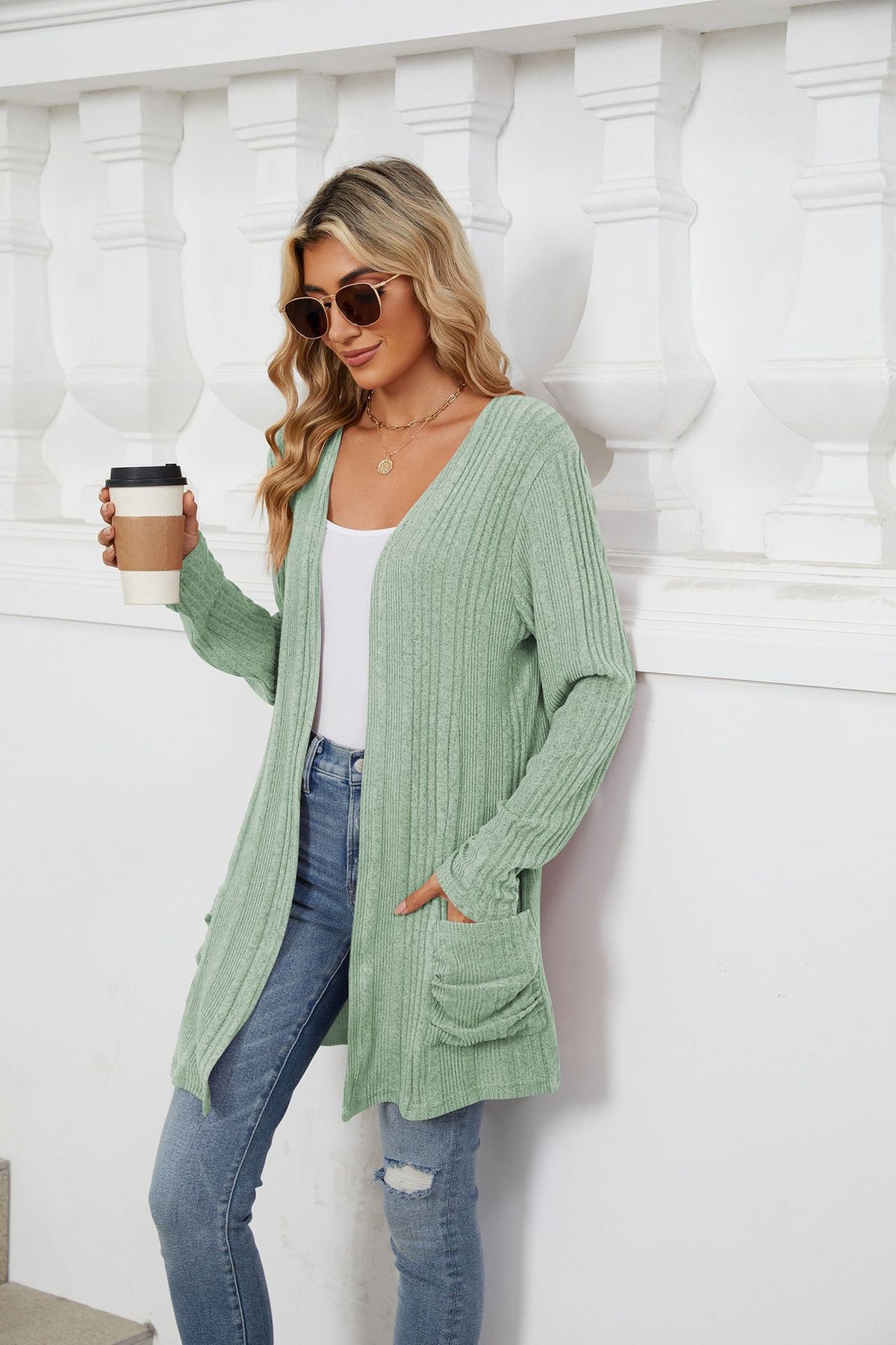 Women's Long Sleeve Ribbed Open Front Cardigan Pockets
