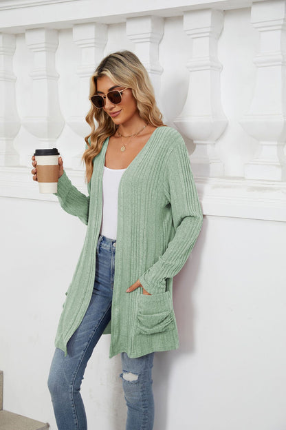 Women's Long Sleeve Ribbed Open Front Cardigan Pockets