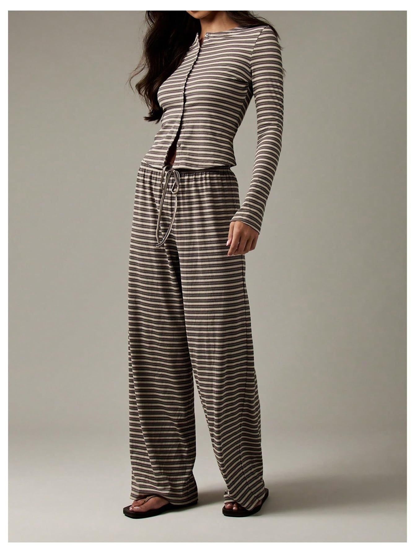 Striped Long Sleeve Top & Wide Leg Pants Two Piece Set