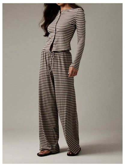 Striped Long Sleeve Top & Wide Leg Pants Two Piece Set