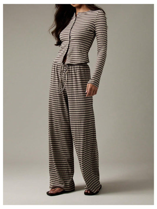 Striped Long Sleeve Top & Wide Leg Pants Two Piece Set