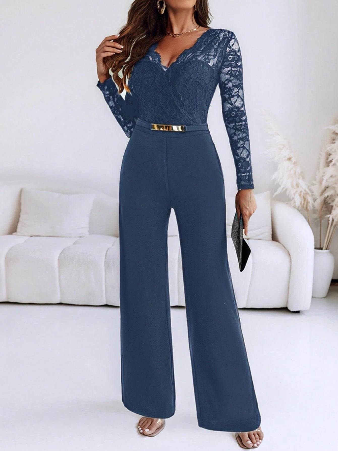 Lace Belted Flare Jumpsuit Long Sleeve Women