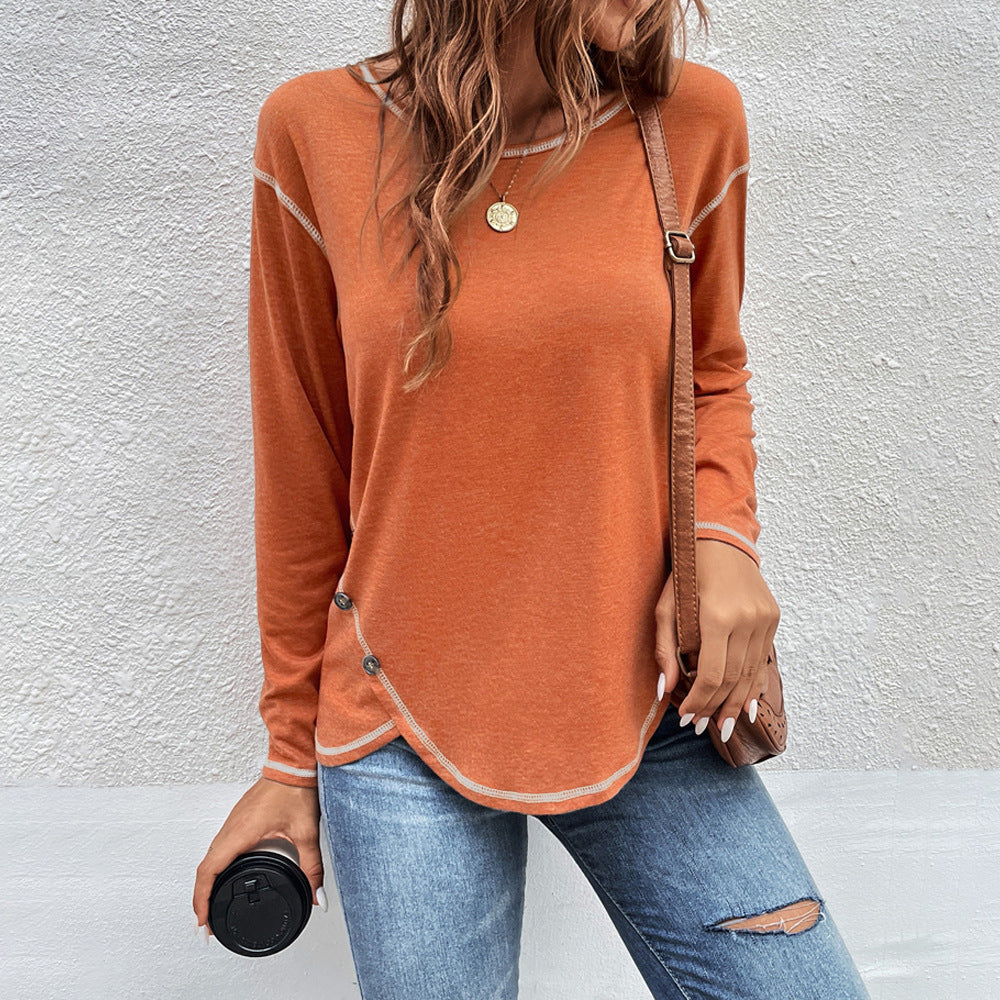 Women's Side Button Long Sleeve Curved Hem Tunic Top