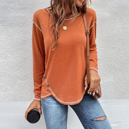 Women's Side Button Long Sleeve Curved Hem Tunic Top