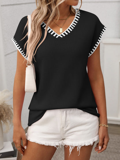 Striped V Neck Knit Top Short Sleeve Casual Sweater