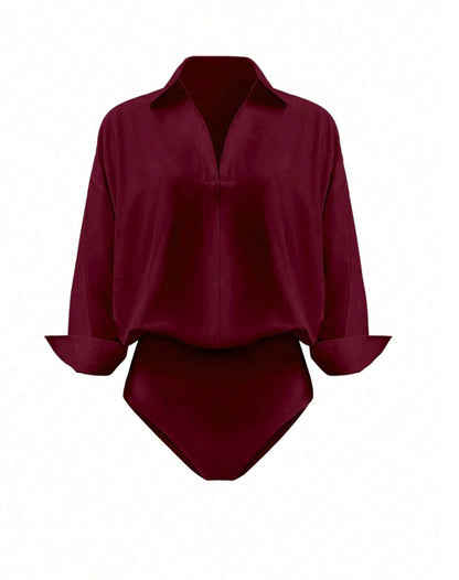 Women's V Neck Collared Business Casual Blouse Long Sleeve