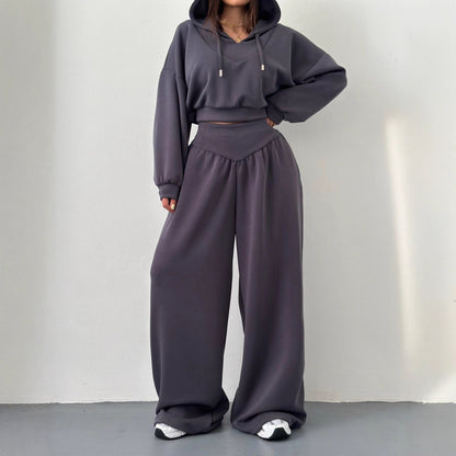 Women's V Neck Hoodie Wide Leg Sweatpants Lounge Set