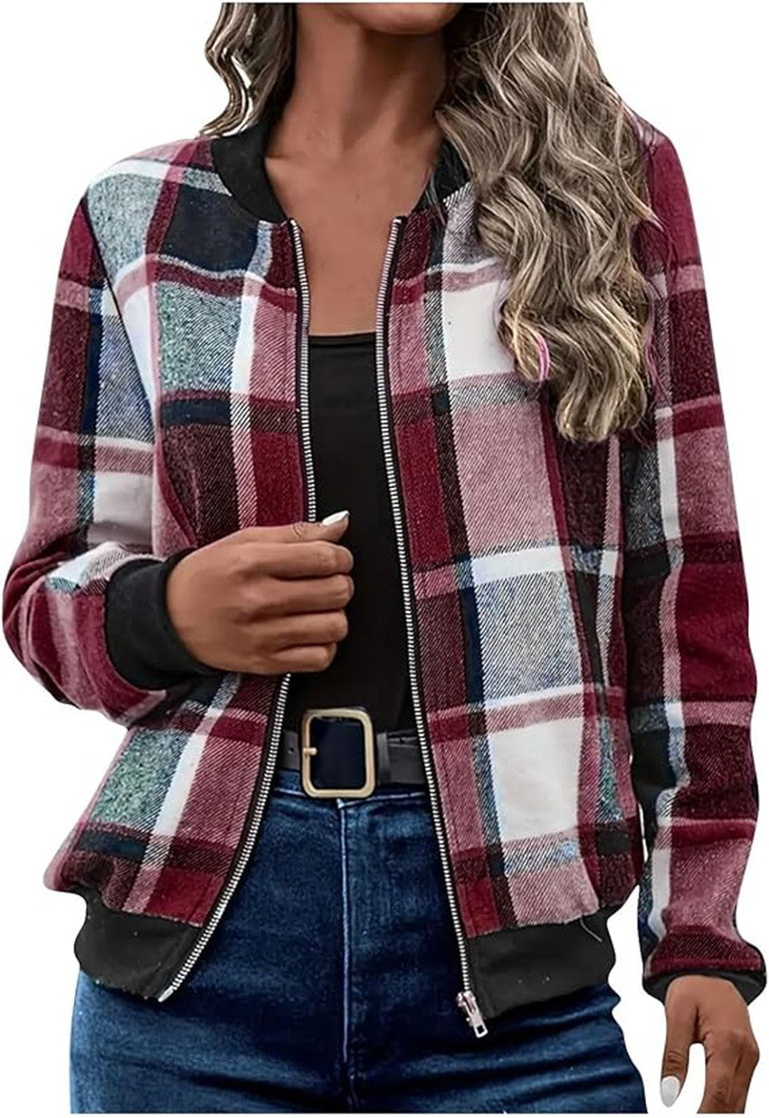 Women's Plaid Zip-Up Bomber Jacket Casual