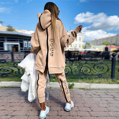 Women's Oversized Letter Print Zip Hoodie Jogger Set