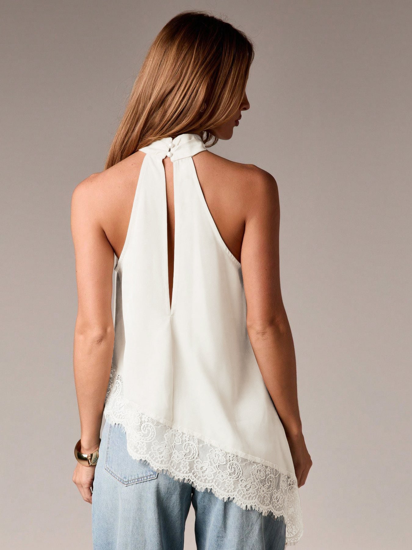 Satin Lace Trim Halter Tank Sleeveless Summer Top