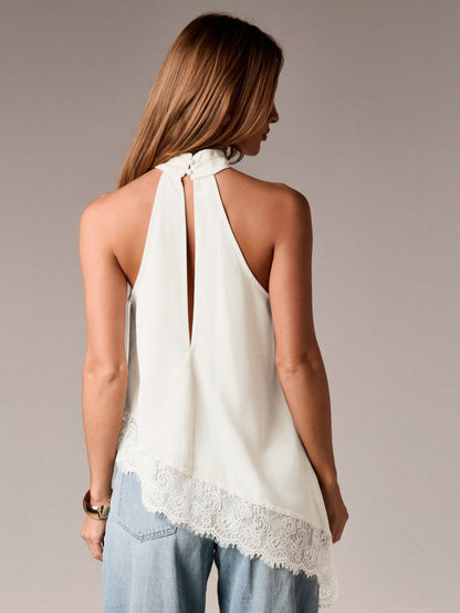 Satin Lace Trim Halter Tank Sleeveless Summer Top