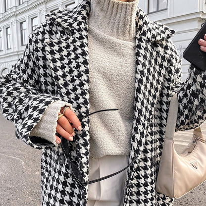 Women's Houndstooth Maxi Winter Coat Double Breasted Belted