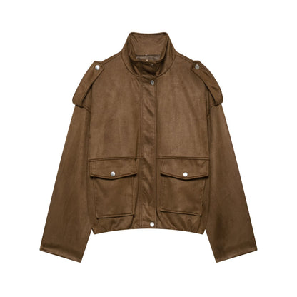 Women's Oversized Faux Suede Bomber Jacket Vintage
