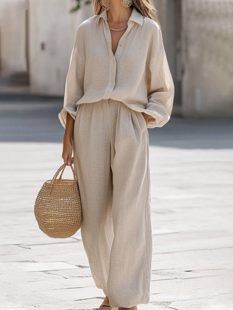 Women's 2 Piece Button Down Shirt & Wide Leg Pants Set
