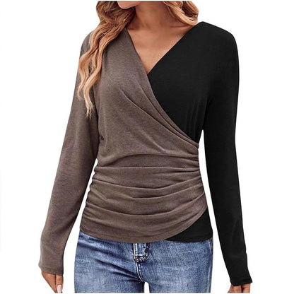 Women's Wrap V-Neck Long Sleeve Ruched Knit Top